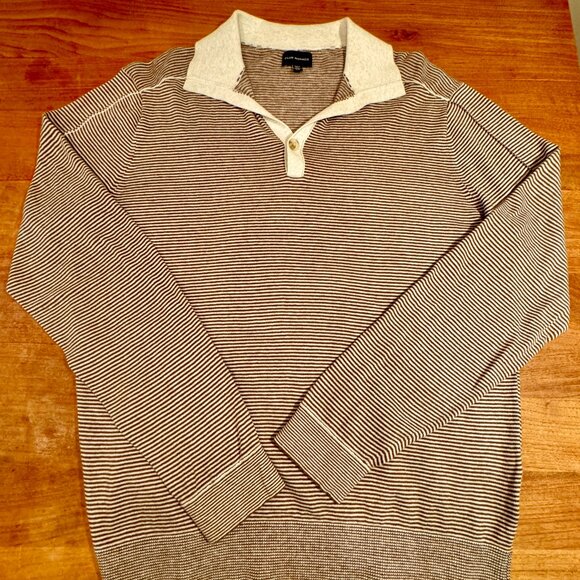 Club Monaco Brown & White Stripped Lightweight Collared Sweater - Picture 1 of 5